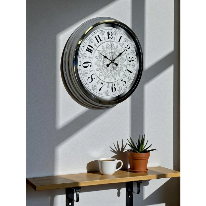 Mey İthalat® Asil Motif Krom 40 Cm Metal Duvar Saati