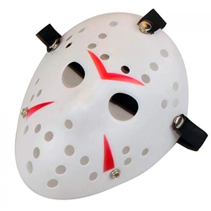 Mey İthalat® Beyaz Renk Kırmızı Çizgili Tam Yüz Hokey Jason Maskesi Hannibal Maskesi