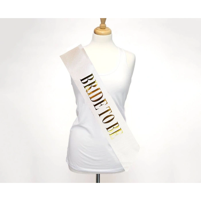 Mey İthalat® Beyaz Üzeri Altın Büyük Bride To Be Yazılı Simli Işıltılı Kuşak Kemer 10 cm Genişlik