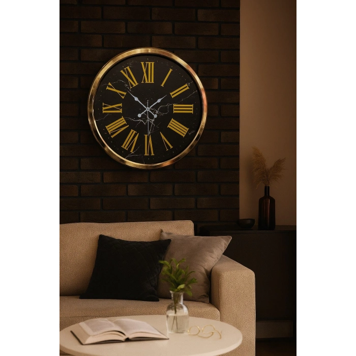 Mey İthalat® Black Marble Gold 52 Cm Metal Duvar Saati
