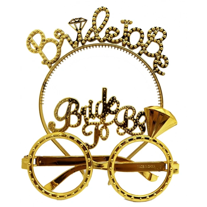 Mey İthalat® Bride To Be Yazılı Taç ve Bride To Be Yazılı Gözlük Seti Altın Renk