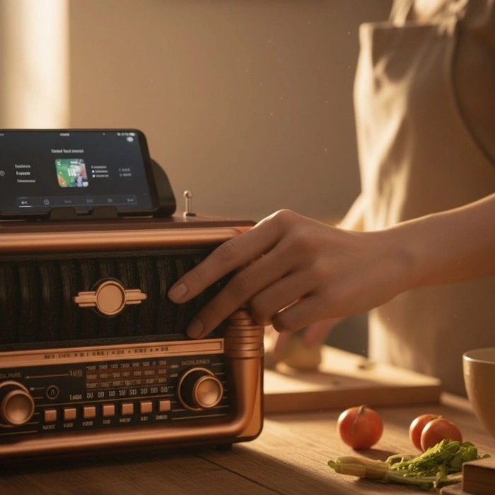 Mey İthalat®  Büyük Boy Telefon Tutma Aparatlı Retro Ahşap Tasarım Bluetooth Hoparlörlü Radyo – FM/AM Destekli, Şarjlı ve Taşınabilir Radyo NS-8079