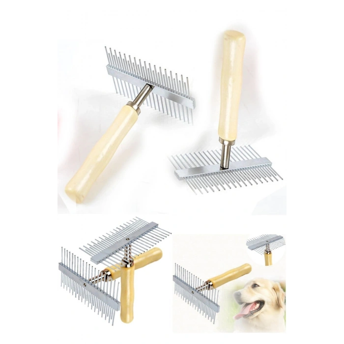 Mey İthalat®  Çift Taraflı Ahşap Saplı Ergonomik Evcil Hayvan Fırçası Tarağı