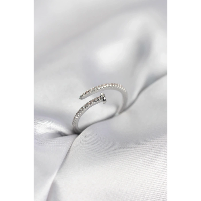 Mey İthalat® Çivi Model Zirkon Taşlı Gümüş Renk Kadın Yüzük