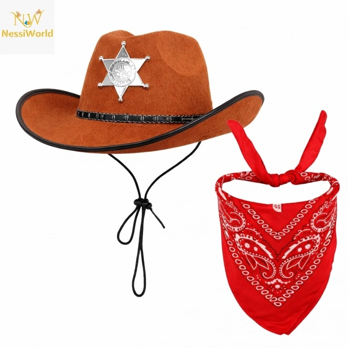 Mey İthalat® Çocuk Kovboy Şapka Rozetli Kahverengi & Kırmızı Bandana Seti