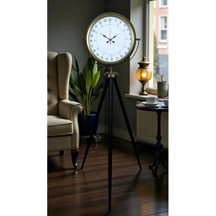Mey İthalat® Eskitme 24 Saat Göstergeli Özel Tasarım Tripod Ayaklı Saat