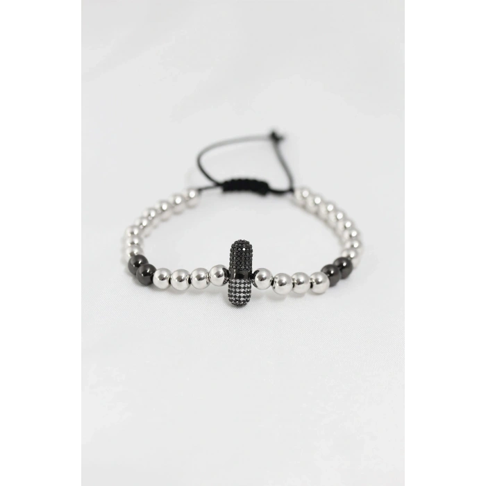 Mey İthalat® Füme Gümüş Renk Çelik Zirkon Objeli Asansörlü Bileklik