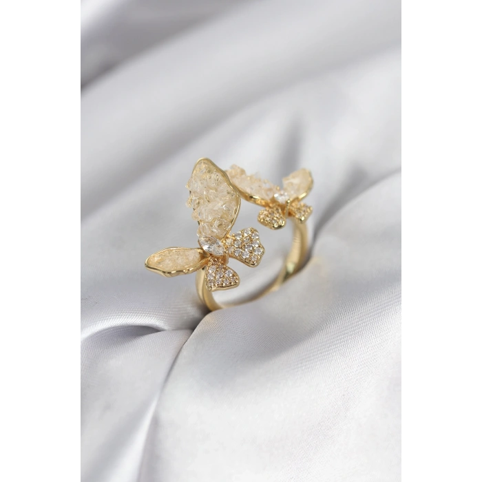 Mey İthalat® Gold Renk Beyaz Kelebek Model Zirkon Taşlı Kadın Yüzük