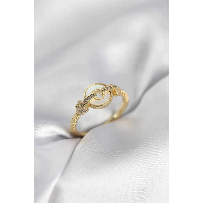 Mey İthalat® Gold Renk Daire Form Sedef ve Zirkon Taşlı Kadın Yüzük