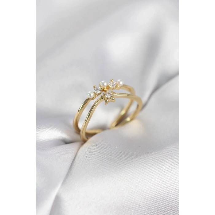 Mey İthalat® Gold Renk İncili Yıldız Model Zirkon Taşlı Kadın Yüzük