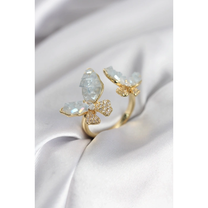 Mey İthalat® Gold Renk Mavi Kelebek Model Zirkon Taşlı Kadın Yüzük