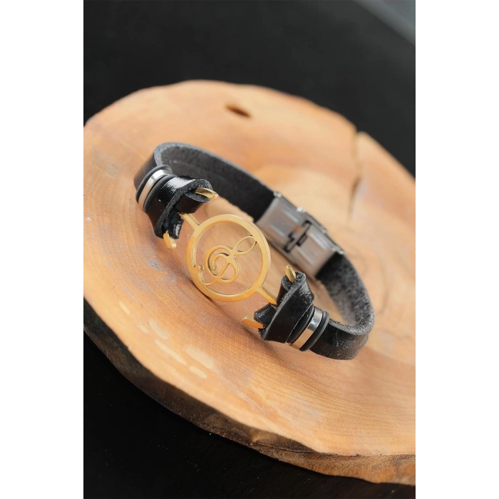 Mey İthalat® Gold Renk Metal Sol Anahtarlı Tasarım Siyah Renk Deri Erkek Bileklik