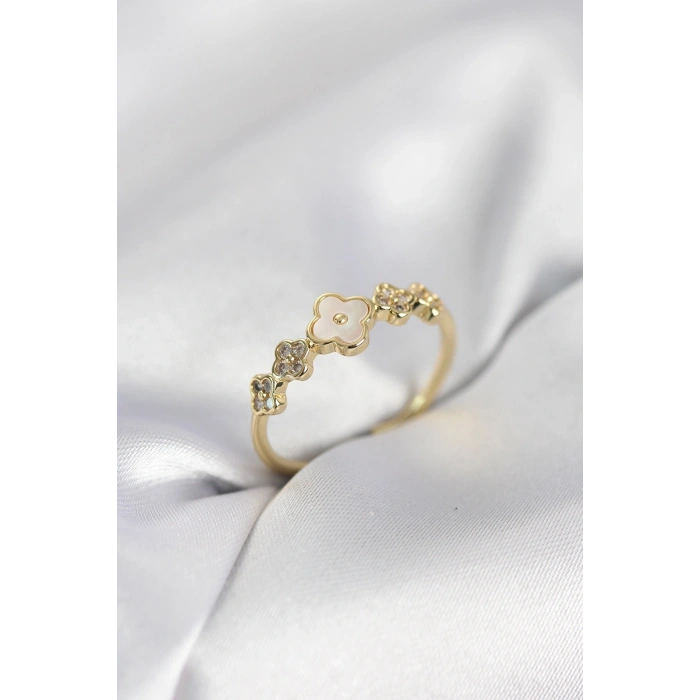 Mey İthalat® Gold Renk Minimal Yonca ve Zirkon Taşlı Kadın Yüzük