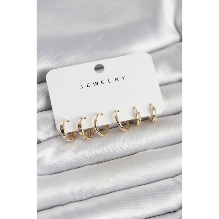 Mey İthalat® Gold Renk Pirinç 3 Çift Kadın Küpe Seti