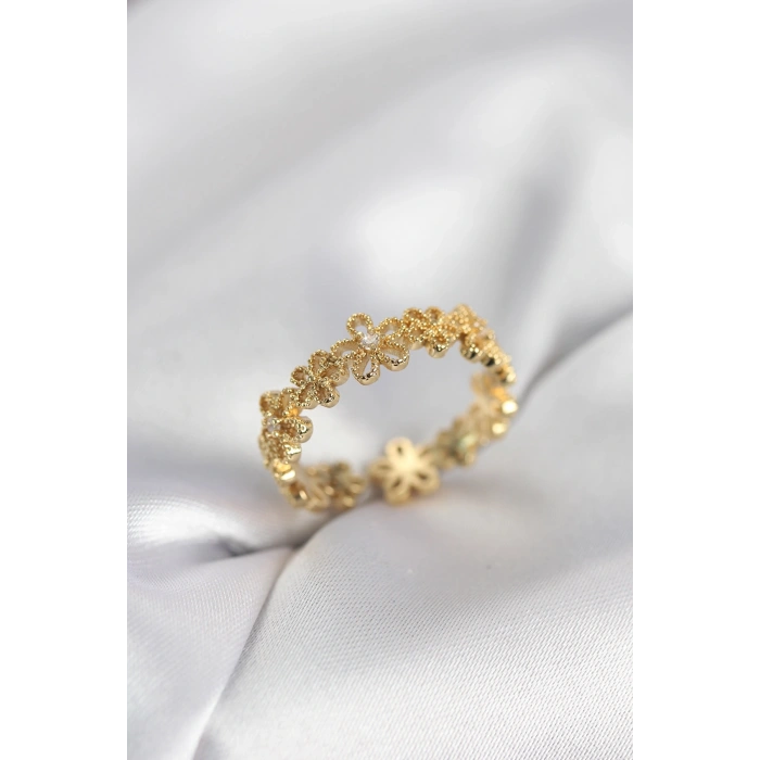Mey İthalat® Gold Renk Sıralı Çiçek Model Zirkon Taşlı Kadın Yüzük