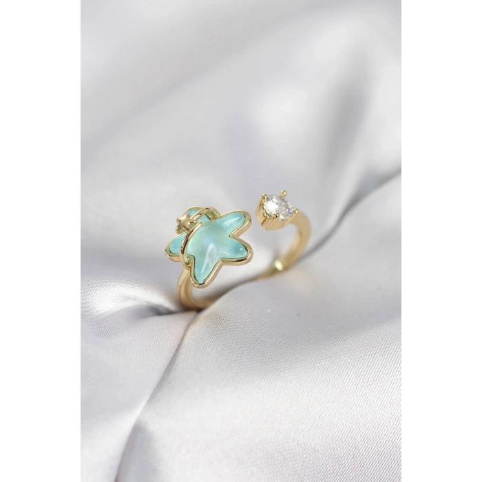 Mey İthalat® Gold Renk Turkuaz Yıldız Model Kadın Yüzük