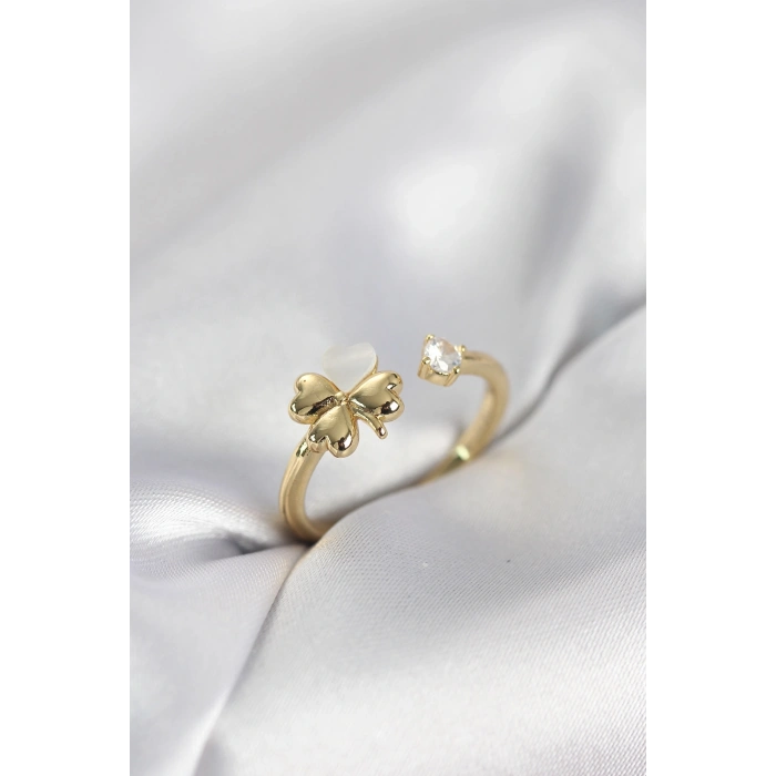 Mey İthalat® Gold Renk Yonca Model Sedefli Kadın Yüzük