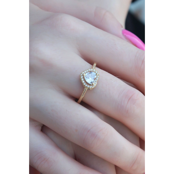 Mey İthalat® Gold Renk Zirkon Taşlı Kalp Model Charm Pirinç Kadın Yüzük
