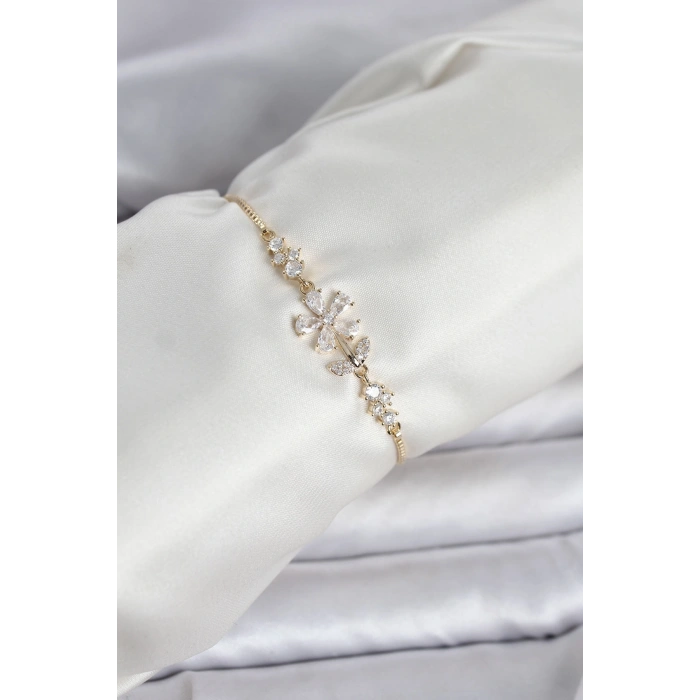 Mey İthalat® Gold Renk Zirkon Taşlı Papatya Model Asansörlü Kadın Bileklik