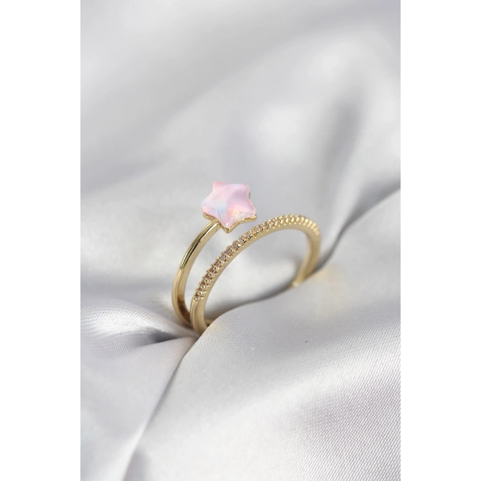 Mey İthalat® Gold Renk Zirkon Taşlı Pembe Halley Model Kadın Yüzük