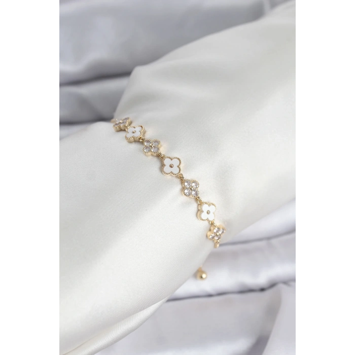 Mey İthalat® Gold Renk Zirkon Taşlı Sıralı Yonca Model Asansörlü Kadın Bileklik