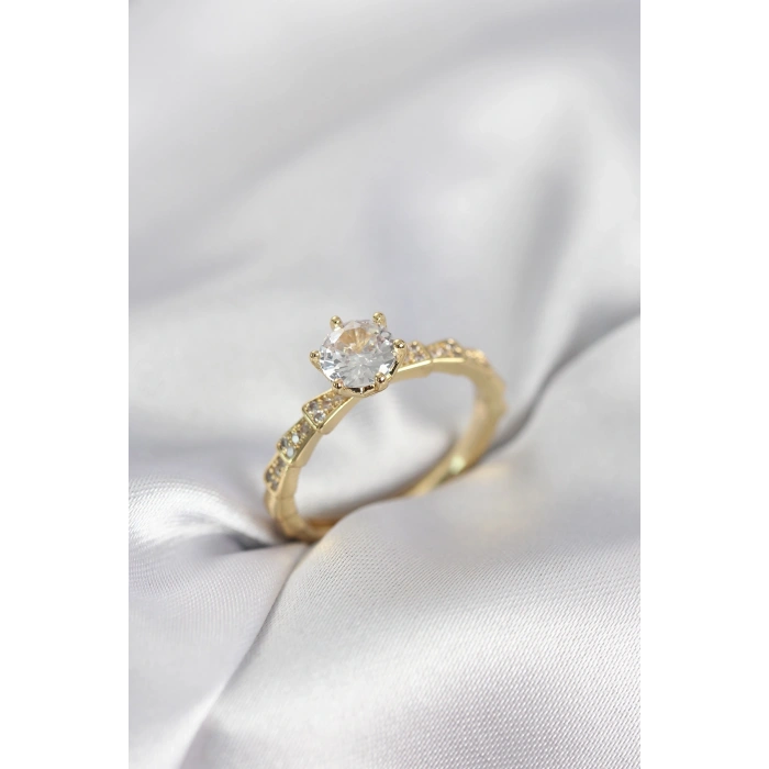 Mey İthalat® Gold Renk Zirkon Taşlı Tek Taş Model Kadın Yüzük
