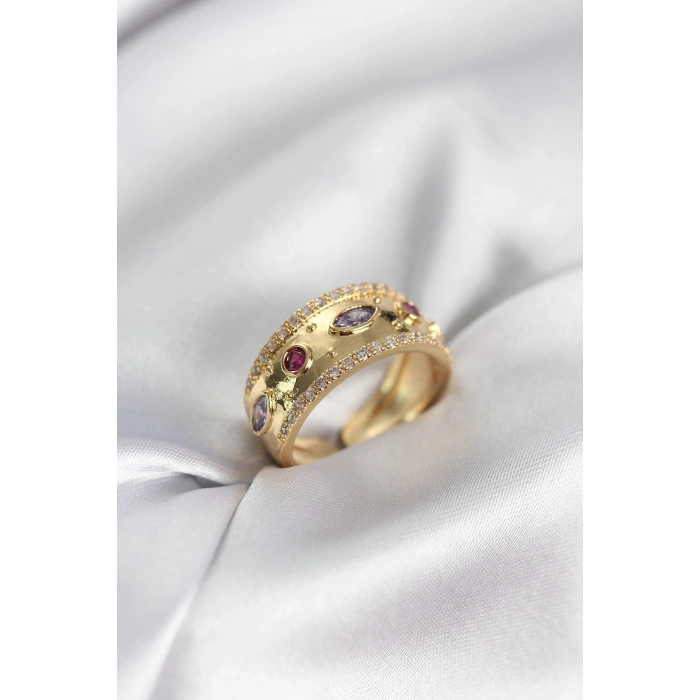 Mey İthalat® Gold Renk Zirkon Taşlı Vintage Kadın Yüzük