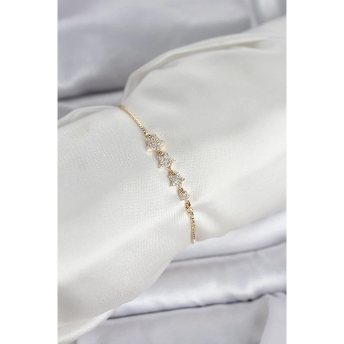 Mey İthalat® Gold Renk Zirkon Taşlı Yıldız Model Asansörlü Kadın Bileklik