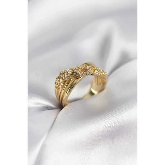 Mey İthalat® Gold Renk Zirkon Taşlı Zincir Model Kadın Yüzük