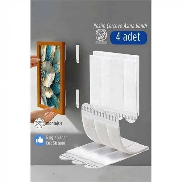Mey İthalat® Güçlü Resim Çerçeve Asma Bandı 4lü Set - 6Kg Taşıma Kapasiteli Duvar Delmeyen Cırt Sistemi
