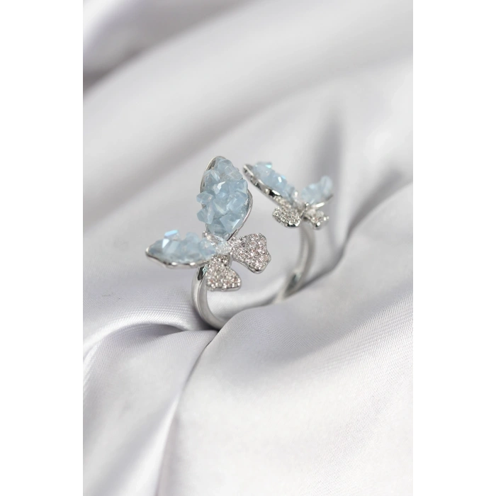 Mey İthalat® Gümüş Renk Mavi Kelebek Model Zirkon Taşlı Kadın Yüzük