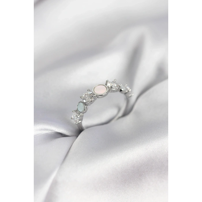 Mey İthalat® Gümüş Renk Minimal Plaka ve Zirkon Taşlı Kadın Yüzük