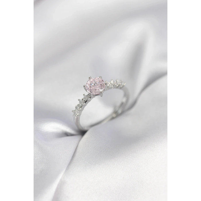 Mey İthalat® Gümüş Renk Pembe Tek Taş Model Zirkon Taşlı Kadın Yüzük