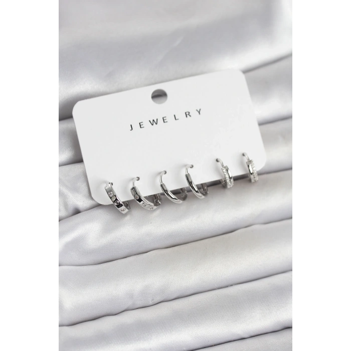 Mey İthalat® Gümüş Renk Pirinç 3 Çift Kadın Küpe Seti