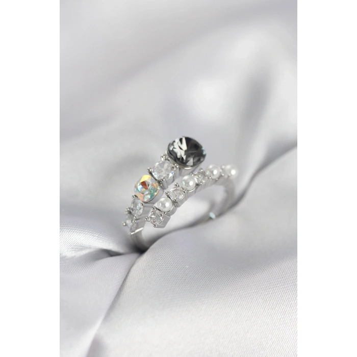 Mey İthalat® Gümüş Renk Pirinç Zirkon Taşlı İncili Kadın Yüzük