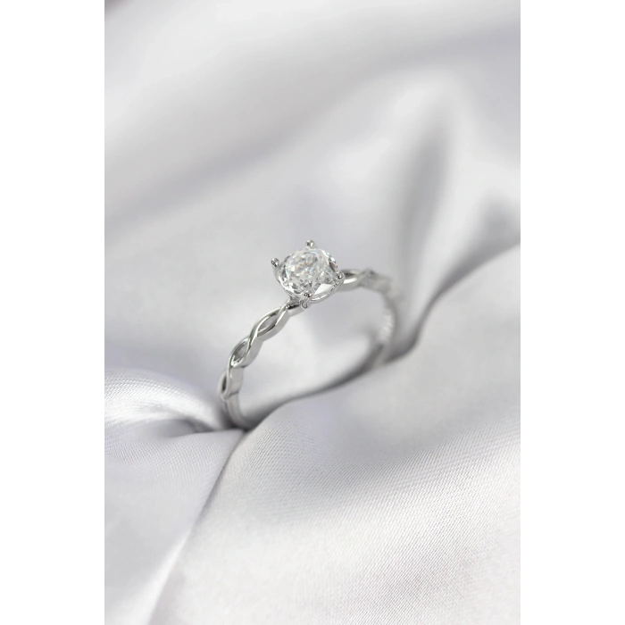 Mey İthalat® Gümüş Renk Sarmal Zincir Model Tek Taş Model Zirkon Taşlı Kadın Yüzük