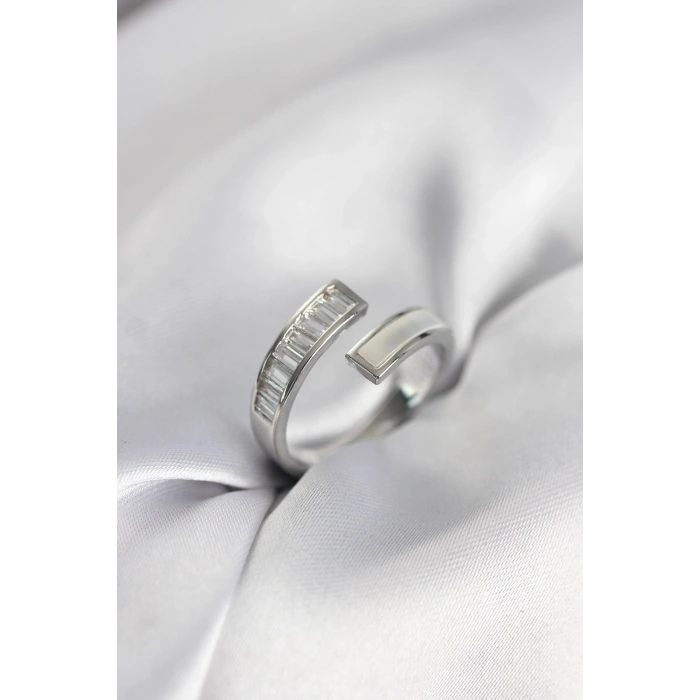 Mey İthalat® Gümüş Renk Sedefli Baget Zirkon Taşlı Kadın Yüzük