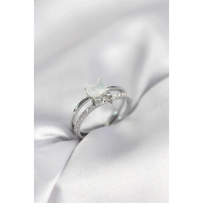 Mey İthalat® Gümüş Renk Sedefli Kedi Model Fiyonklu Zirkon Taşlı Kadın Yüzük