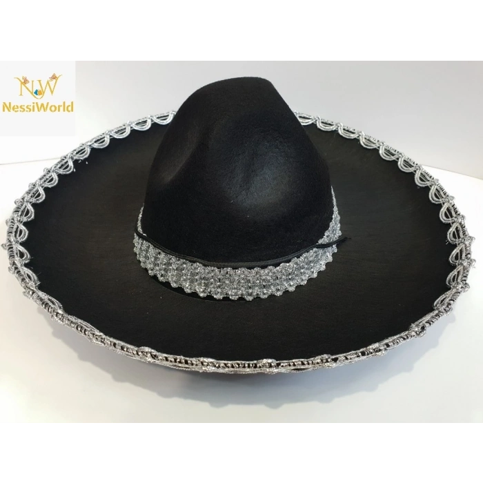 Mey İthalat® Gümüş Renk Şeritli Meksika Mariachi Latin Şapkası 55 cm Çocuk