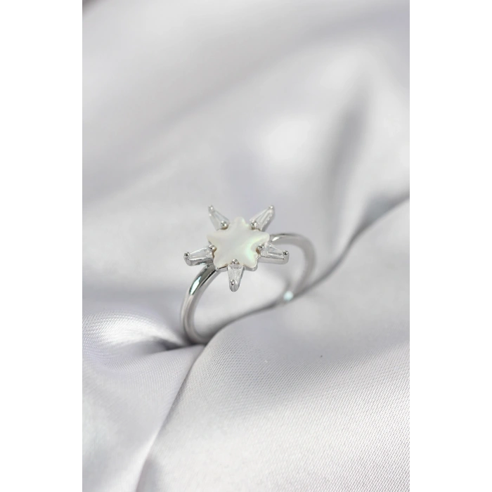 Mey İthalat® Gümüş Renk Yıldız Model Sedefli Zirkon Taşlı Kadın Yüzük