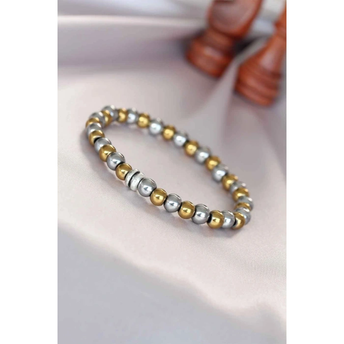 Mey İthalat® Hematit Silver Gold Renk Doğal Taş Erkek Bileklik