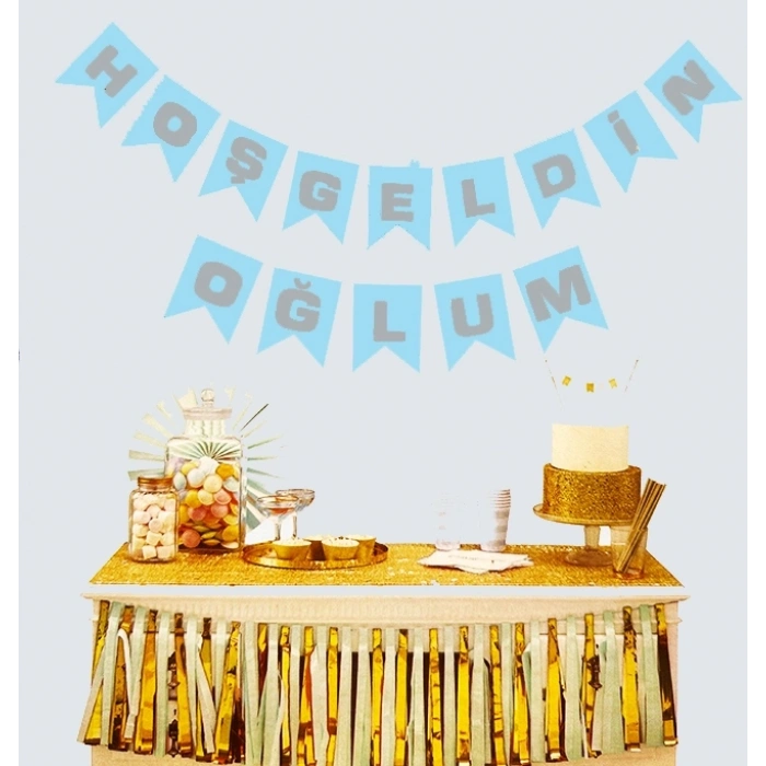 Mey İthalat® Hoşgeldin Oğlum Mavi Üzeri Gümüş Yeni Doğan Bebek Doğum Süsü Afiş Bayrak Flama 2.2 Metre