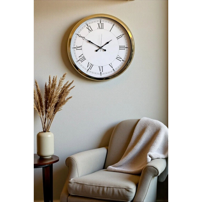 Mey İthalat® İhtişamlı Gold 52 Cm Metal Roma Rakamlı Lüks Duvar Saati