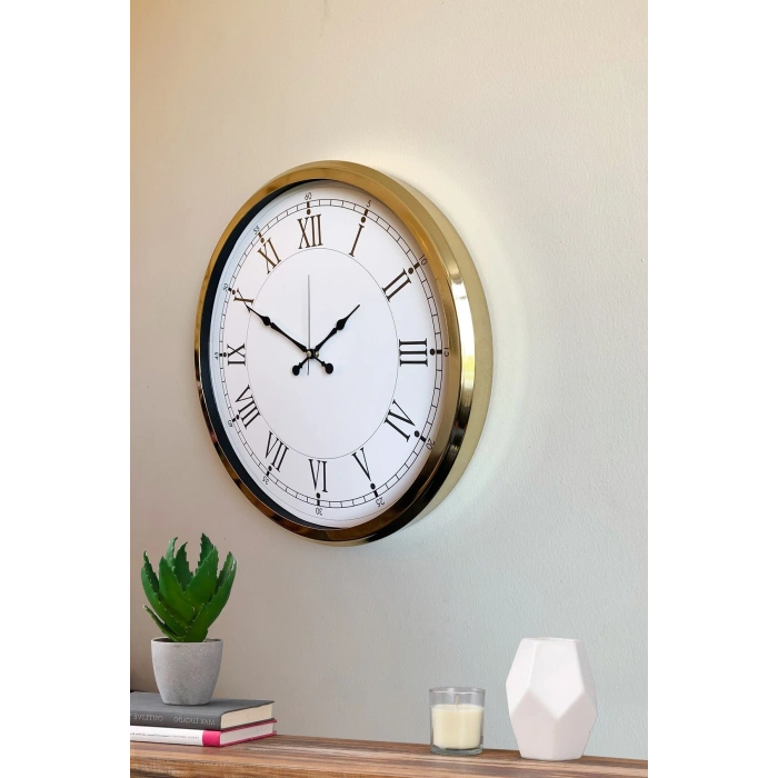 Mey İthalat® İhtişamlı Gold 52 Cm Metal Roma Rakamlı Lüks Duvar Saati