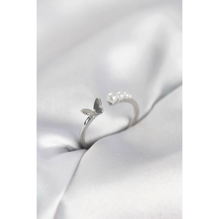 Mey İthalat® İncili Kelebek Model Gümüş Renk Pirinç Kadın Yüzük