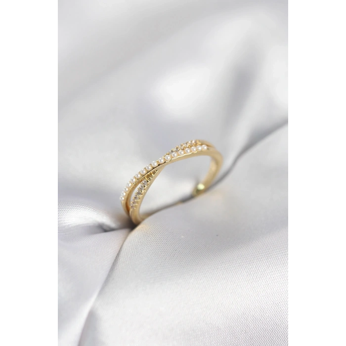 Mey İthalat® İncili ve Zirkon Taşlı Gold Renk Kadın Yüzük