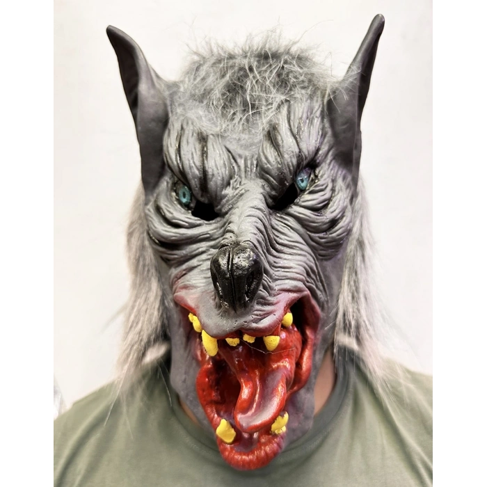 Mey İthalat® Kafaya Tam Geçmeli Lateks Dil Çıkaran Mavi Gözlü Kurt Maskesi
