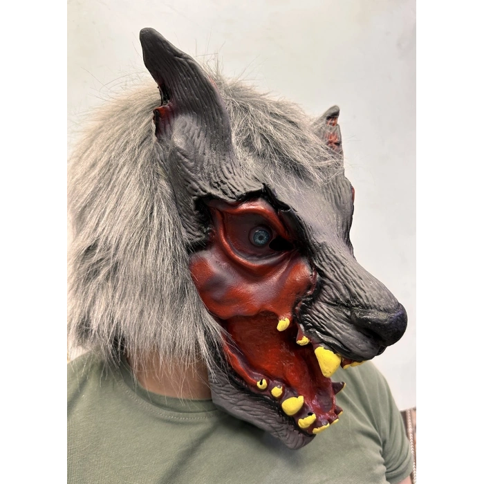 Mey İthalat® Kafaya Tam Geçmeli Lateks Dişli Ağzı Açık Kurt Maskesi