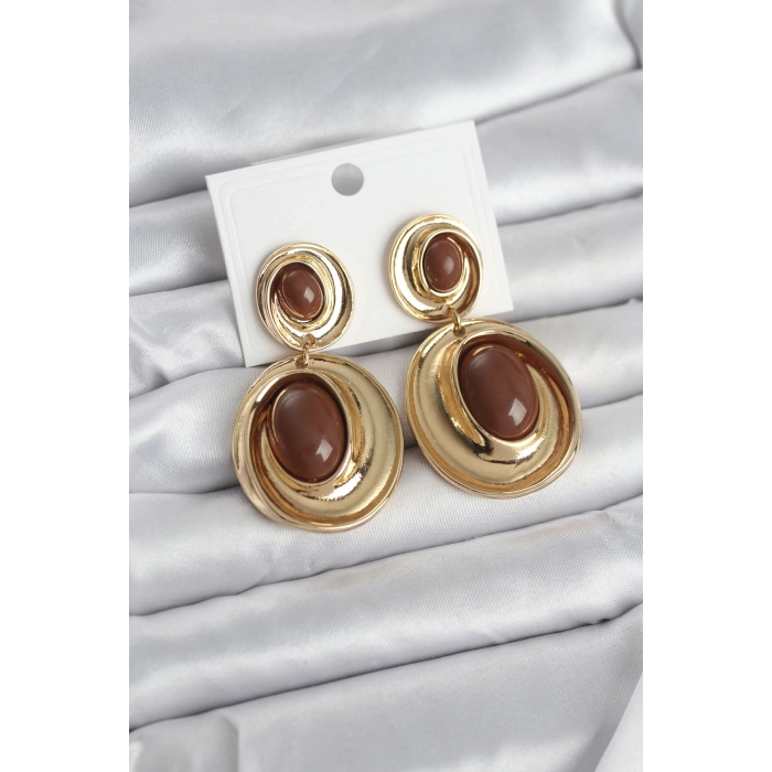 Mey İthalat® Kahverengi Sallantılı Damla Model Gold Renk Vintage Kadın Küpe