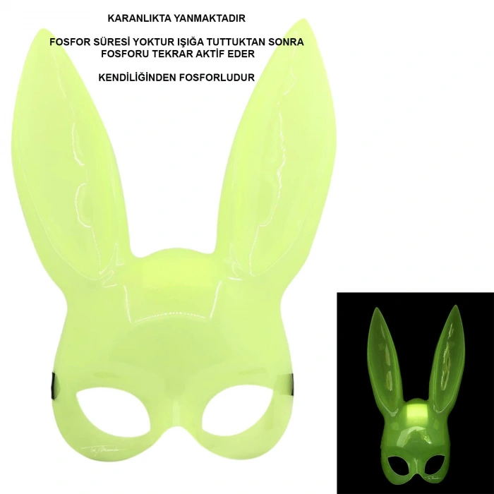 Mey İthalat® Karanlıkta Parlayan Fosforlu Tavşan Maskesi – Glow Bunny Masquerade Maske (32x22 cm)